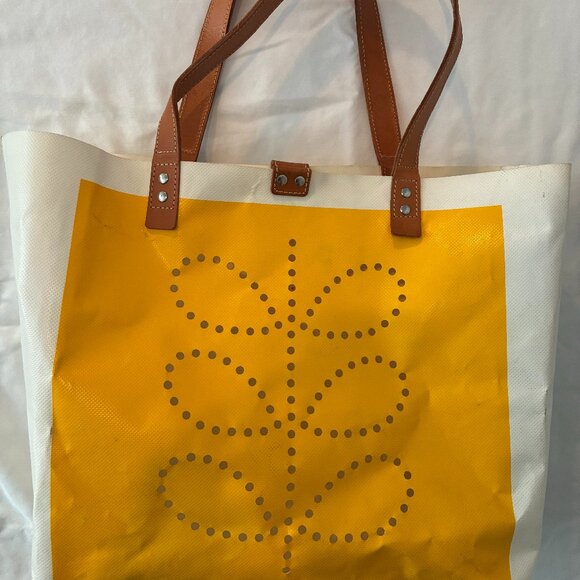 Orla Kiely Tote Bag Yellow Cream Print with  Leather Handles - Picture 1 of 2